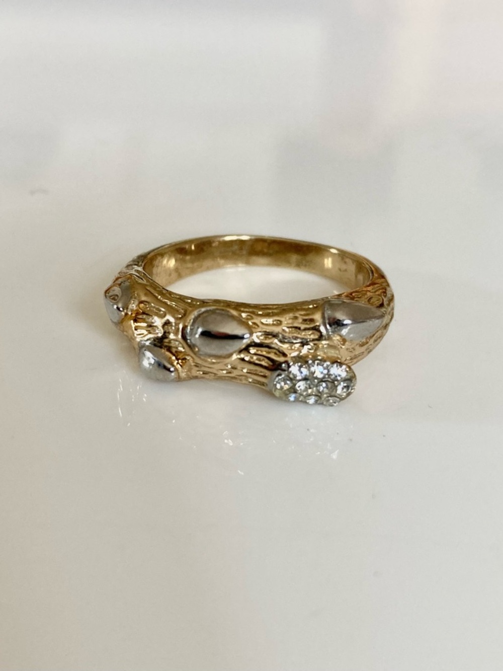 Gold and silver tone branch thorns rhinestone statement costume cocktail ring